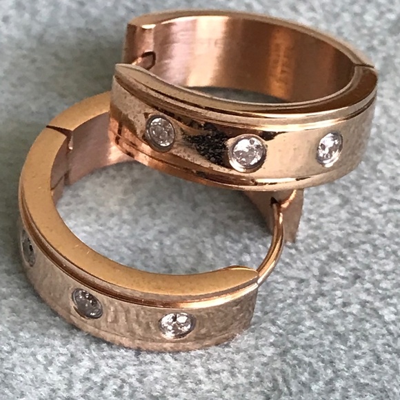 Rose Steel and CZ Hugger Hoop Earrings - Picture 1 of 6